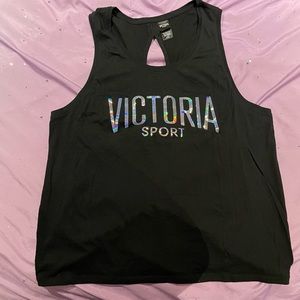 VICTORIA’S SECRET SPORT BLACK AND HOLOGRAPHIC TIE BACK TANK TOP SIZE LARGE NWOT